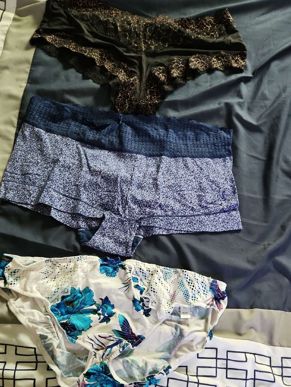 Cacique Three-Pair Bikini Set in Black, Navy, White with Blue Floral